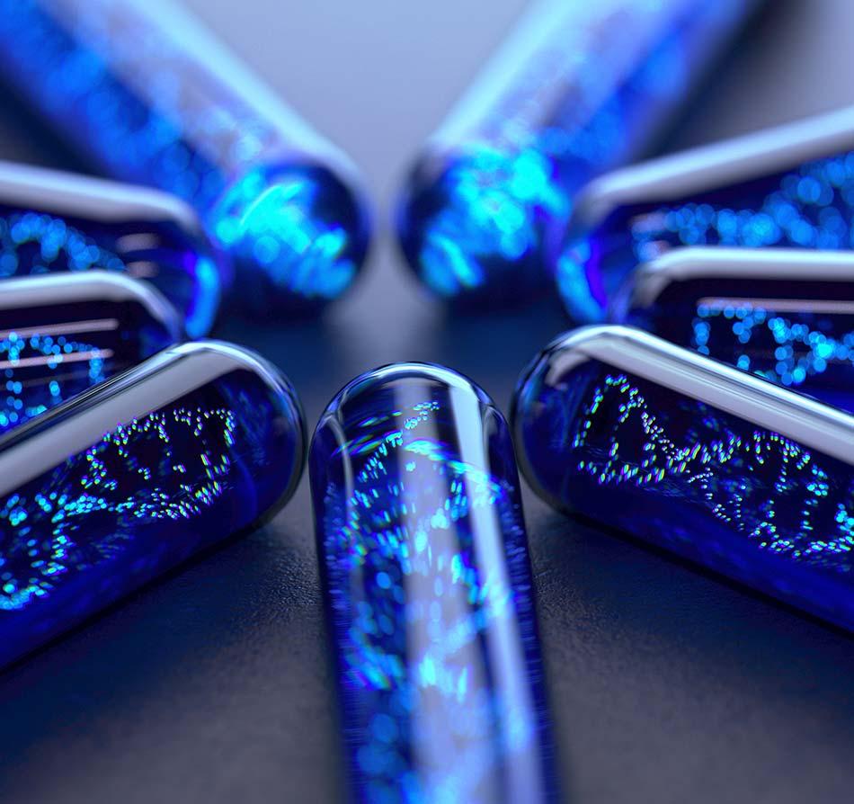 Glowing blue test tubes holding DNA strands, arranged in a circle