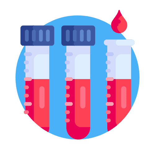 Illustration of three blood-filled test tubes beside a drop of blood