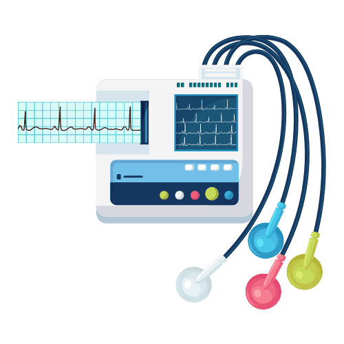 Illustration of an EKG machine printing a heart-rhythm strip, with electrode leads