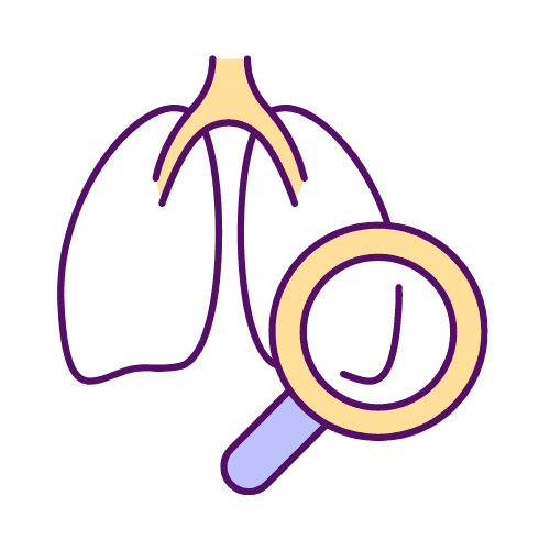 Line drawing of lungs and trachea under a magnifying glass
