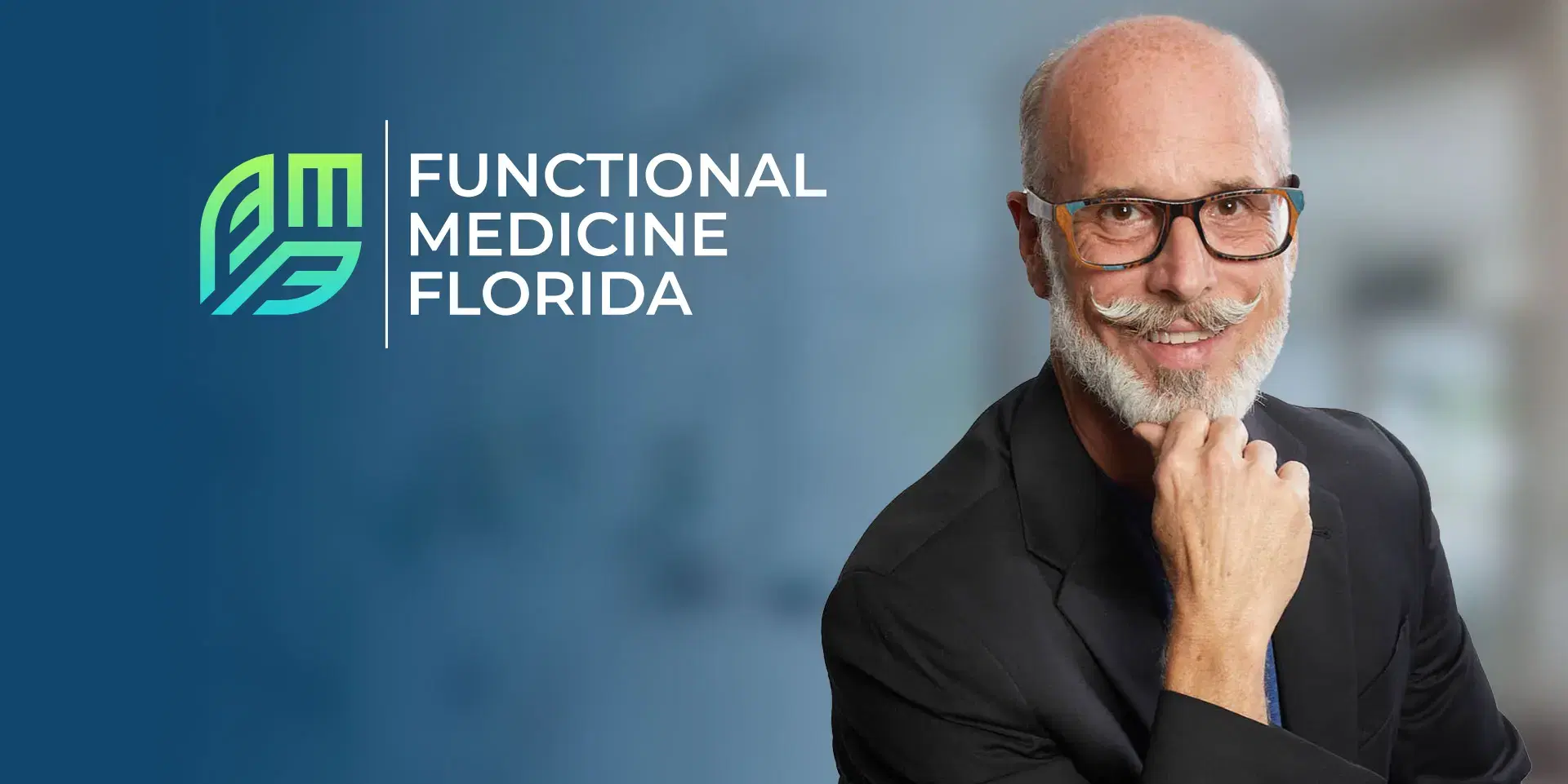 Functional Medicine Florida logo beside a portrait of Fred Harvey, MD, hand on chin
