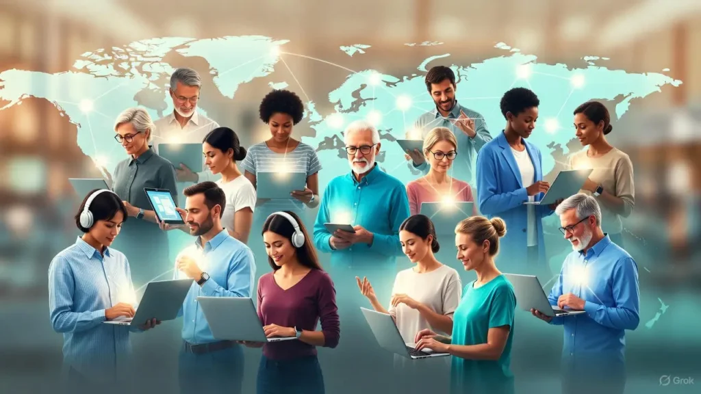 Illustration of adults using laptops and tablets in front of a glowing world map
